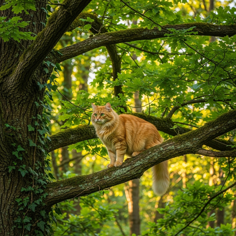 Cat Sitting on a Lush Tree