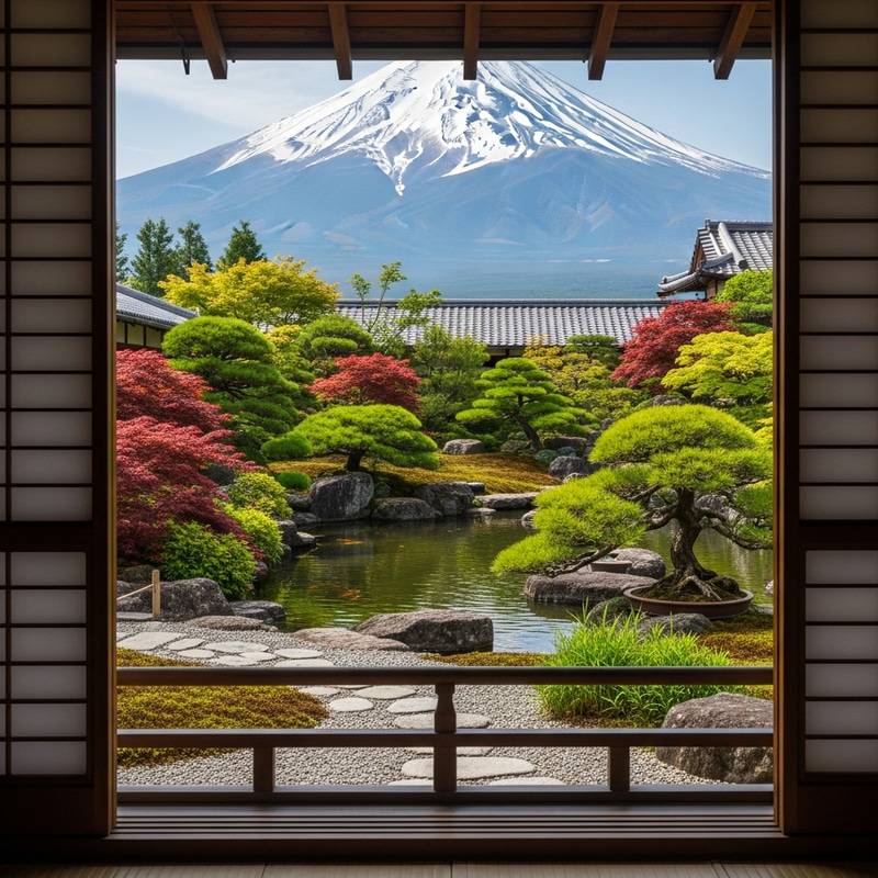Japanese Garden Landscape - Tranquil View Through Window Frame