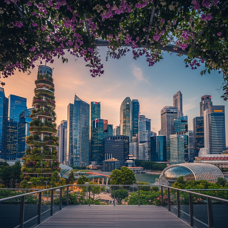 Singapore's Futuristic Skyline Under Vibrant Blooms