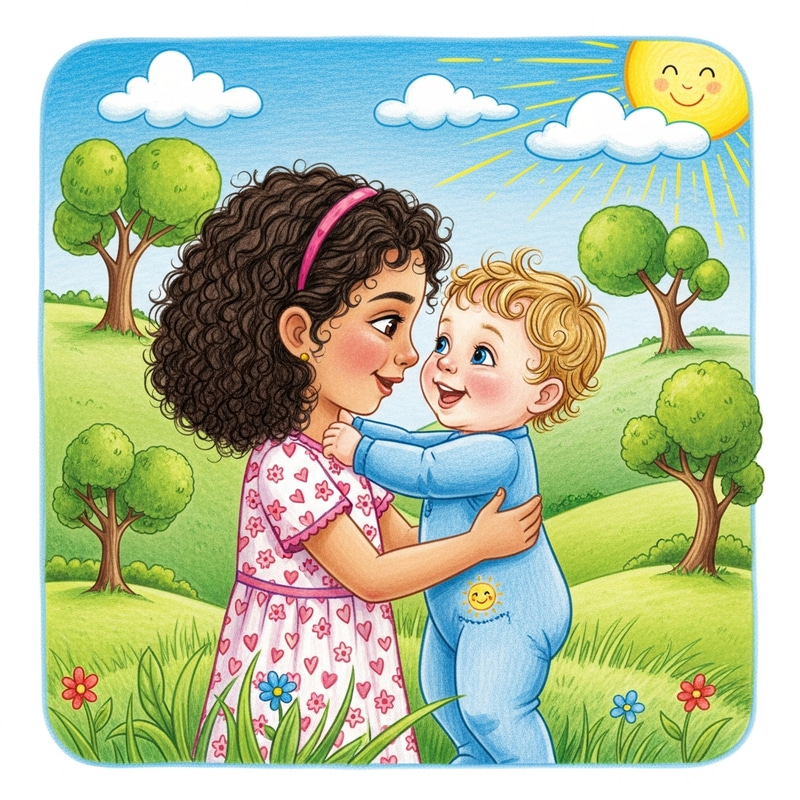 Heartwarming Children's Book Illustration: Young Girl and Baby Boy in Colorful Embrace Heartwarming Children's Book Illustration: Young Girl and Baby Boy in Colorful Embrace
