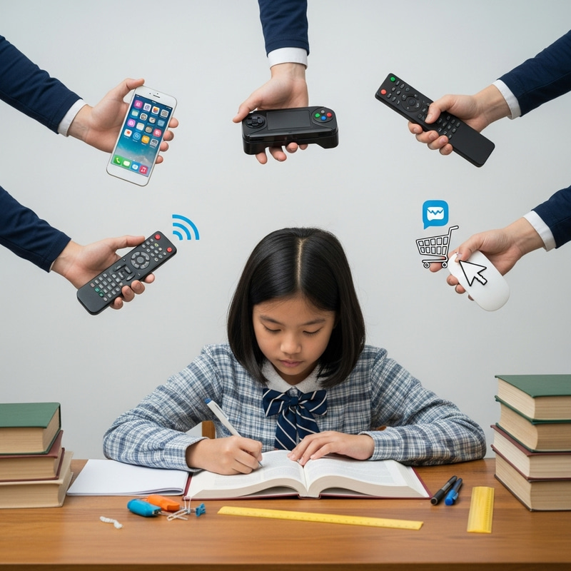 Asian Girl Prioritizing Studies Amid Tempting Distracting Hands Asian Girl Prioritizing Studies Amid Tempting Distracting Hands