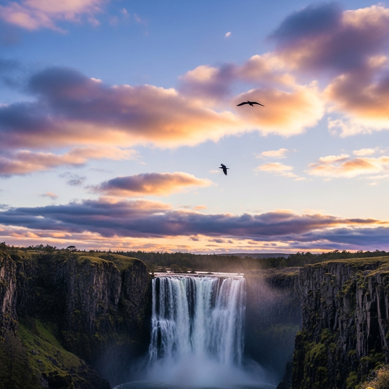 Panoramic Sky with Majestic Waterfall and Bird in Nature Panoramic Sky with Majestic Waterfall and Bird in Nature