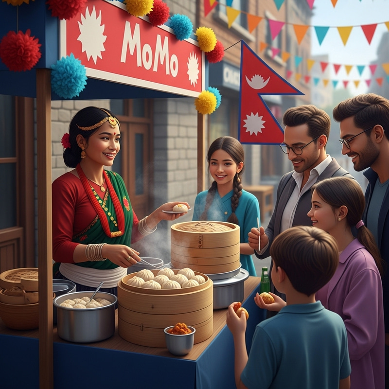 Vibrant Nepali Women Selling MoMo Dumplings