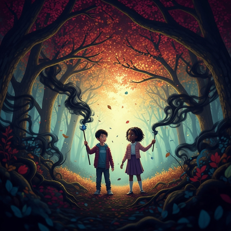 Enchanting Forest with Boy and Girl Casting Dark Magic Enchanting Forest with Boy and Girl Casting Dark Magic