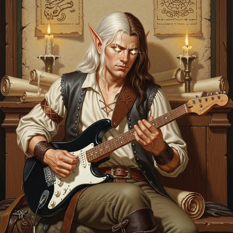 Half-Elf Bard with Black Fender Stratocaster - Magical Fantasy Art Half-Elf Bard with Black Fender Stratocaster - Magical Fantasy Art