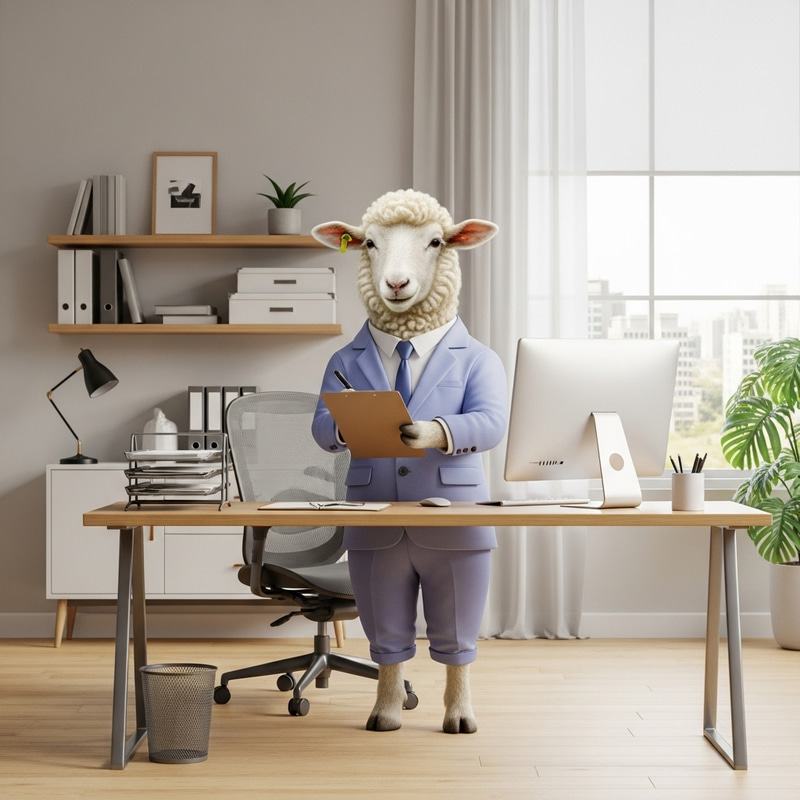 Cheerful Sheep in Office | Business Professional Decor Cheerful Sheep in Office | Business Professional Decor