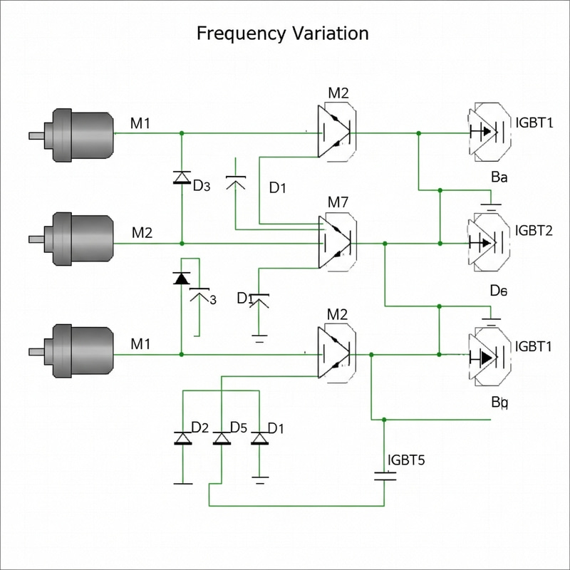 Variable Frequency Circuit with 3 Motors, 6 Diodes, 6 IGBTs