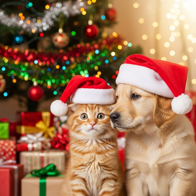 Cute Kitten and Puppy in Christmas Hats | Adorable Festive Pets