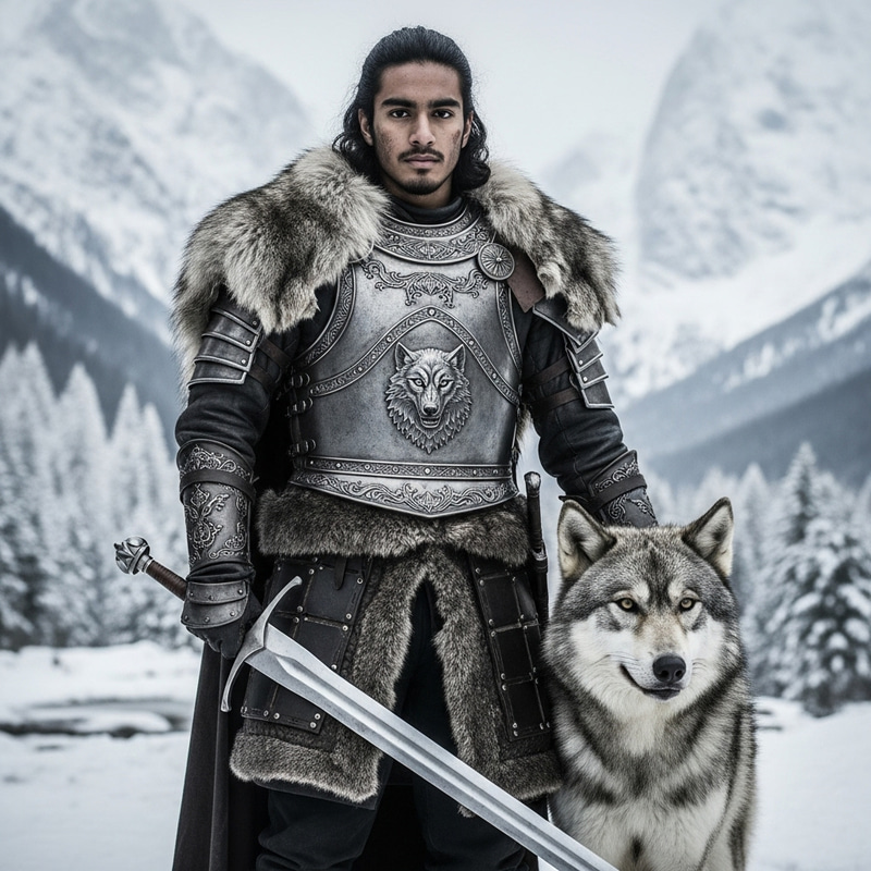 Steel Breastplate Wolf Warrior & Direwolf in Snowy Forest Steel Breastplate Wolf Warrior & Direwolf in Snowy Forest