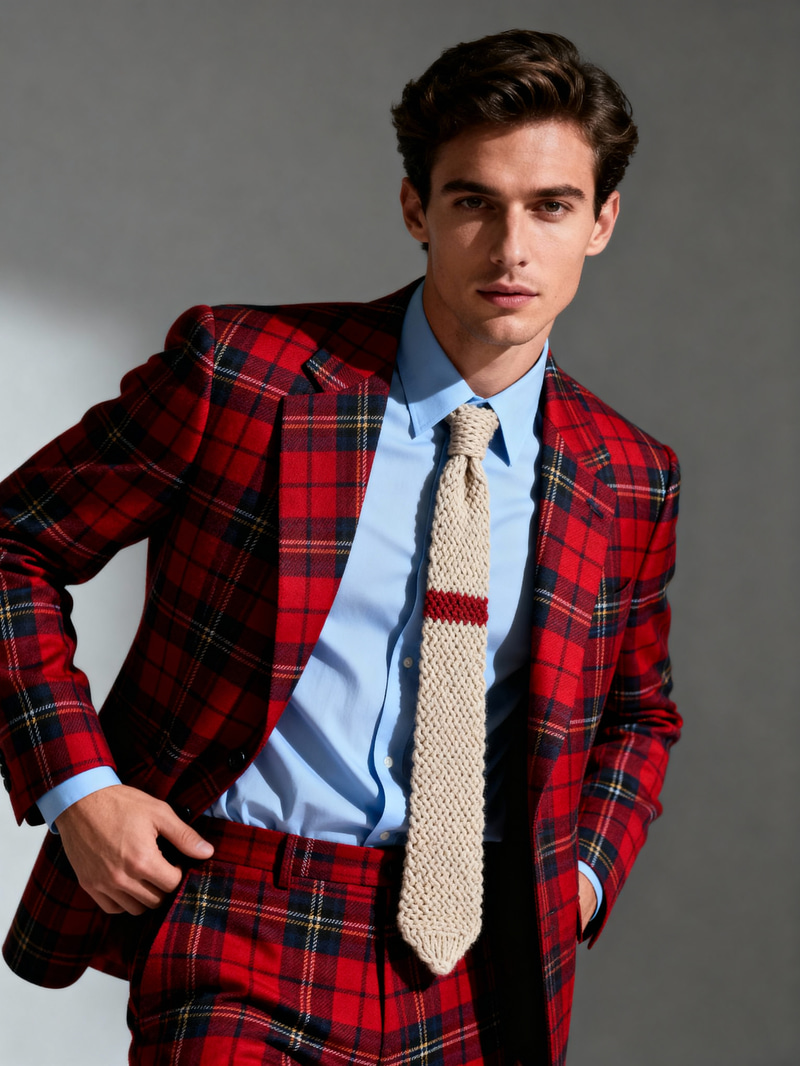 Stylish Dapper Suit: Bold Plaid Model Showcase Stylish Dapper Suit: Bold Plaid Model Showcase