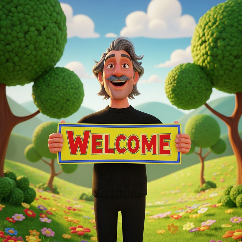 Whimsical 3D Animation: Joyous 40-Year-Old Man with Silver Hair Holding Welcome Sign