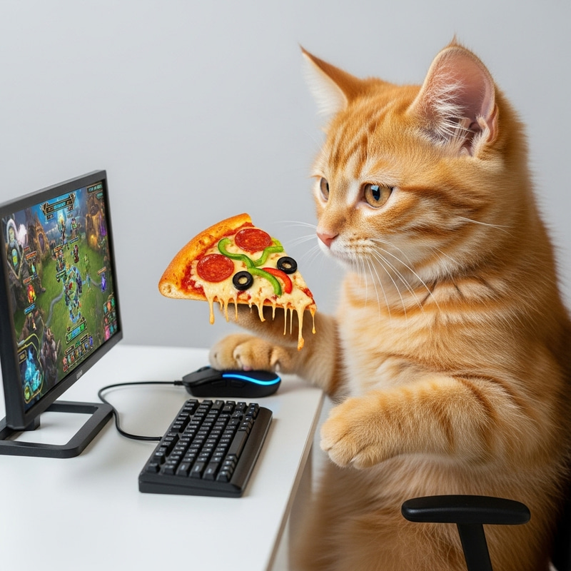 Fluffy Cat Gaming and Eating Pizza - Adorable Gamer Kitty Fluffy Cat Gaming and Eating Pizza - Adorable Gamer Kitty