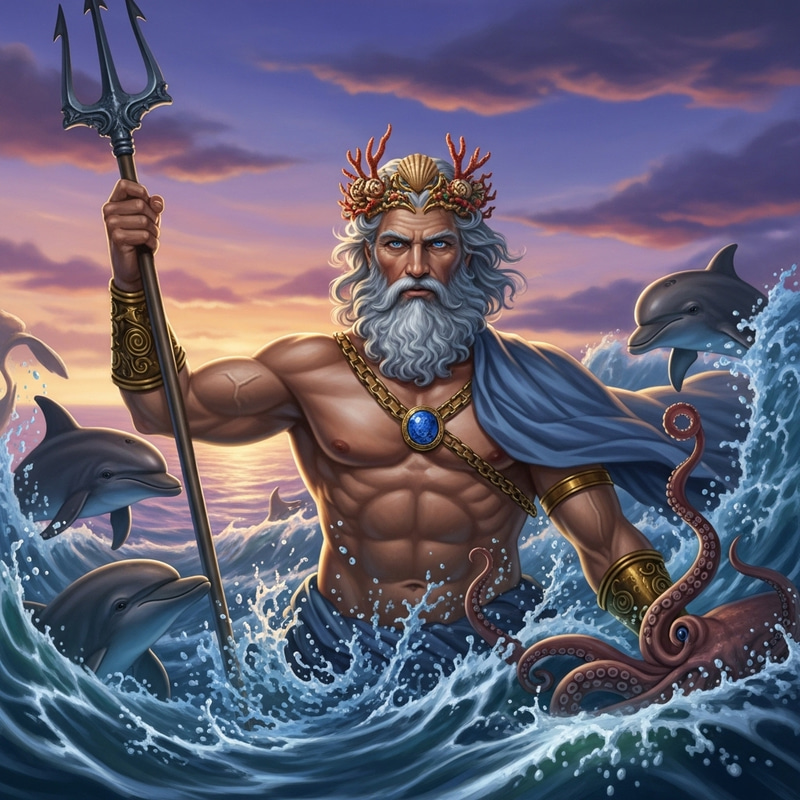 Poseidon - Greek God of the Sea Rising with Trident & Sea Creatures Poseidon - Greek God of the Sea Rising with Trident & Sea Creatures