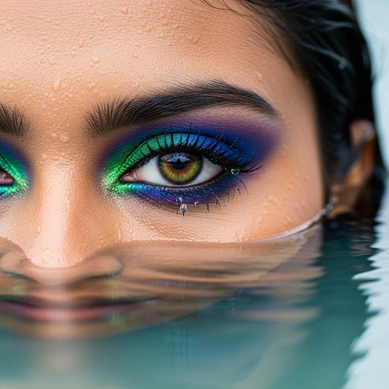 South Asian Woman with Vibrant Eyeshadow in Water South Asian Woman with Vibrant Eyeshadow in Water
