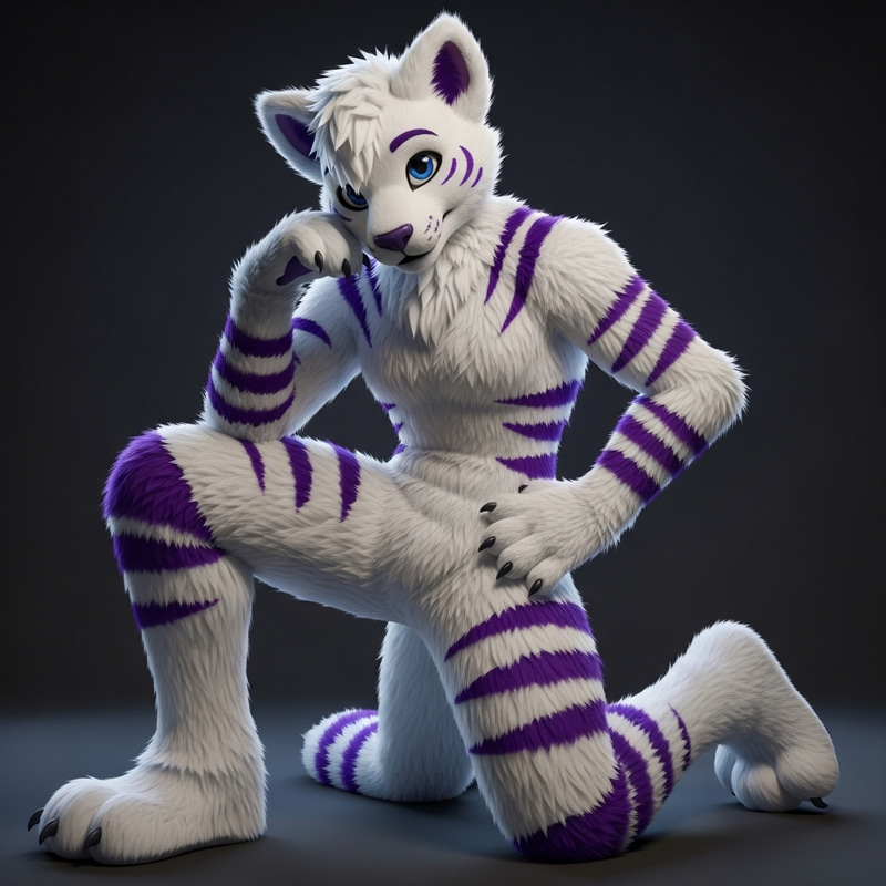 Realistic White Furry Femboy Avatar with Purple Stripes Realistic White Furry Femboy Avatar with Purple Stripes