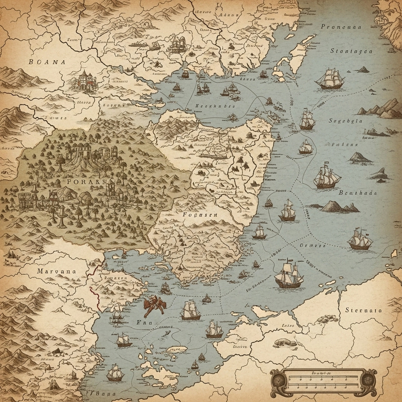 Detailed Parchment Map of Three States, Mysterious Forest, and Large Sea