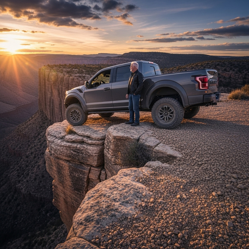 Ford Raptor Truck in Dangerous Location with Person in Black Jacket Ford Raptor Truck in Dangerous Location with Person in Black Jacket