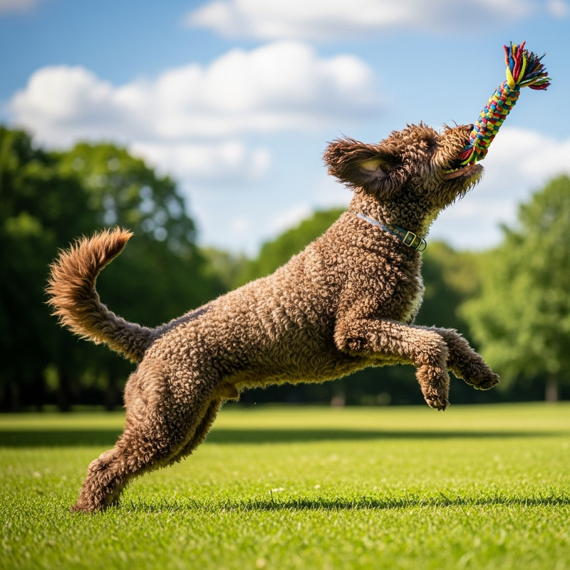 Happy Spanish Water Dog Playing in Green Park Happy Spanish Water Dog Playing in Green Park