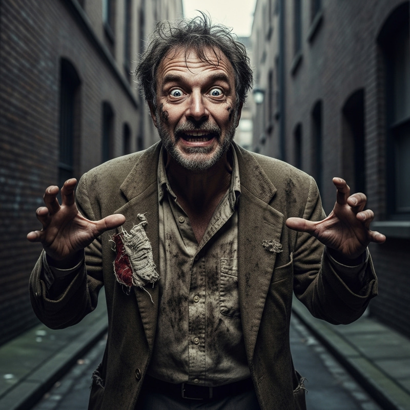 Madman in Urban Alleyway - A Glimpse of Madness