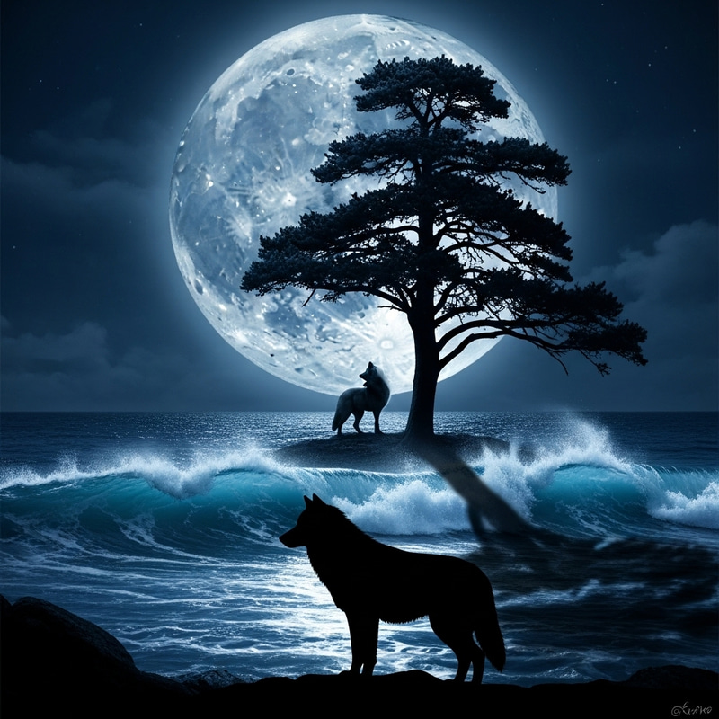 Majestic Moonlit Seascape with Wolf and Tree Majestic Moonlit Seascape with Wolf and Tree