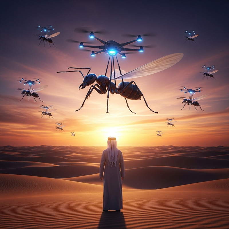 Surreal Desert Scene: Man Stands Tall Among Ant-Carrying Drones Surreal Desert Scene: Man Stands Tall Among Ant-Carrying Drones