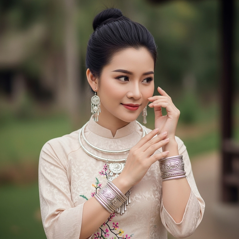 Vietnamese Girl Adorned in Intricate Local Jewelry