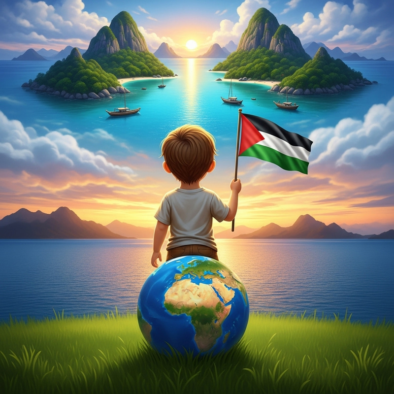 Child Holding Palestine Flag in Tranquil Paradise Child Holding Palestine Flag in Tranquil Paradise