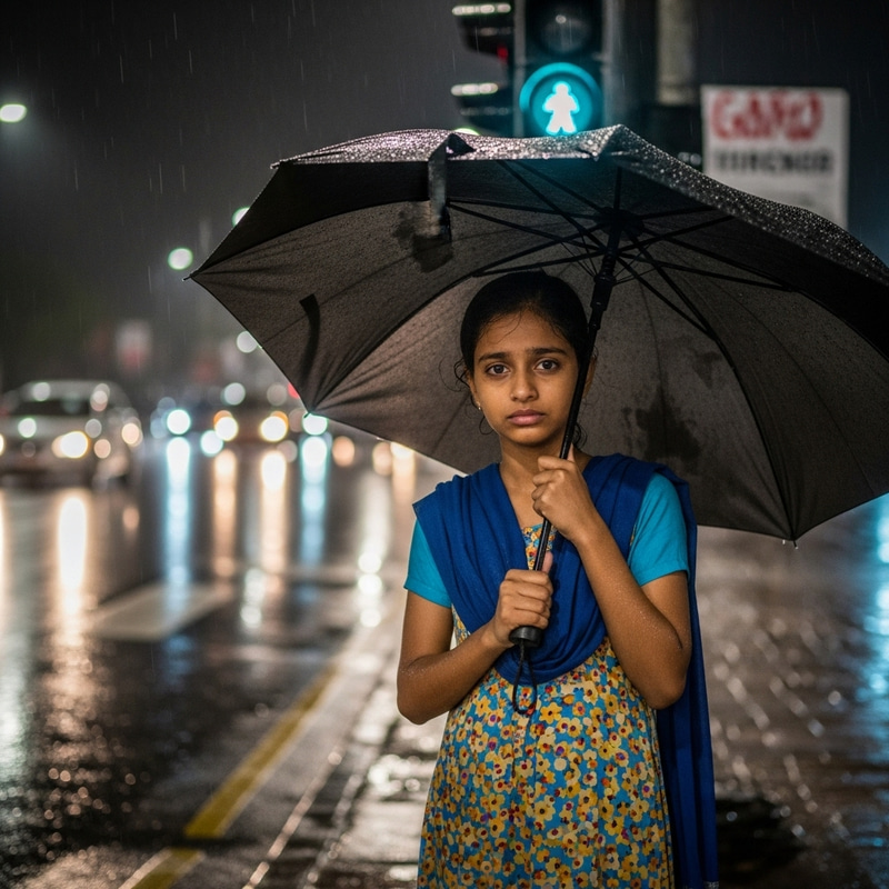 Hidden Tears: Lonely Girl Braving the Storm at Traffic Light Hidden Tears: Lonely Girl Braving the Storm at Traffic Light