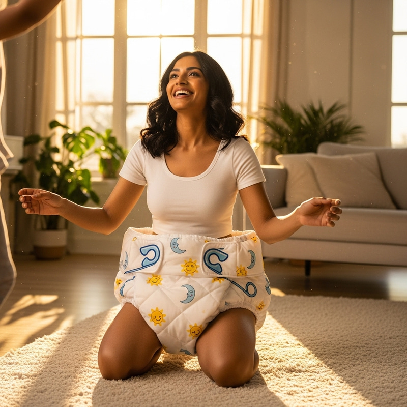Cinematic 4K Lighting: Joyful South Asian Woman in Baby Diaper