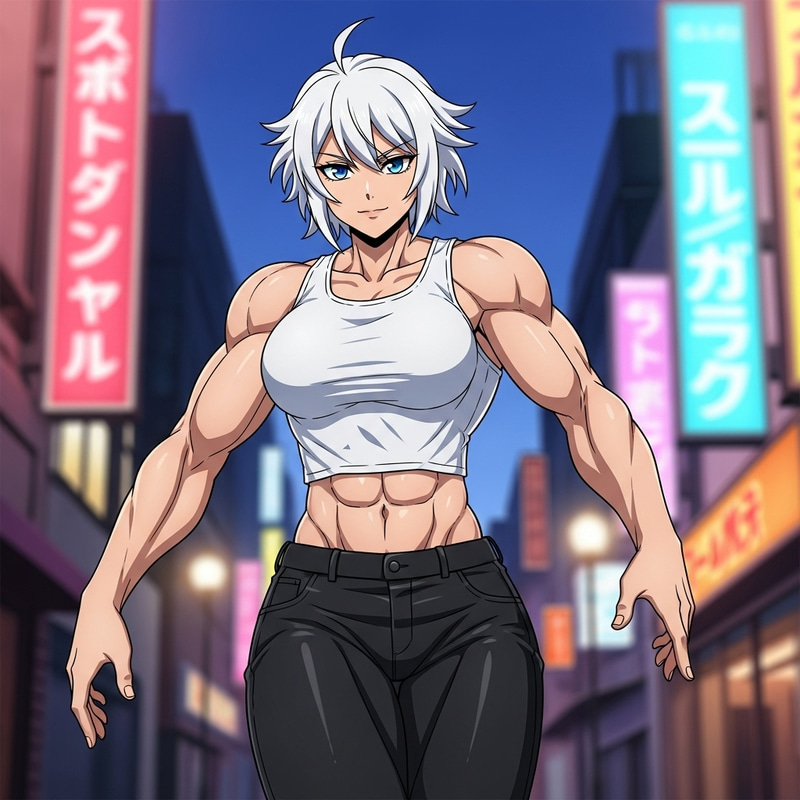 Muscular Female Character in Anime Style with White Hair and Blue Eyes Muscular Female Character in Anime Style with White Hair and Blue Eyes
