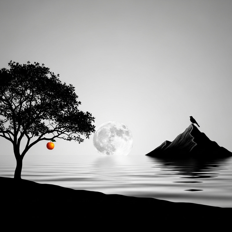 Dream in Minimalistic Style: Serene Moon, Lonely Tree, Bird Silhouette Dream in Minimalistic Style: Serene Moon, Lonely Tree, Bird Silhouette