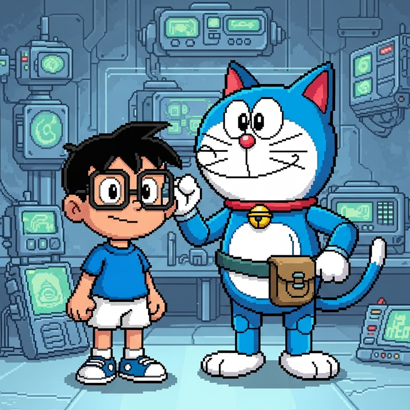 Nobita and Doraemon: Pixelated Cartoon Characters in Futuristic World Nobita and Doraemon: Pixelated Cartoon Characters in Futuristic World