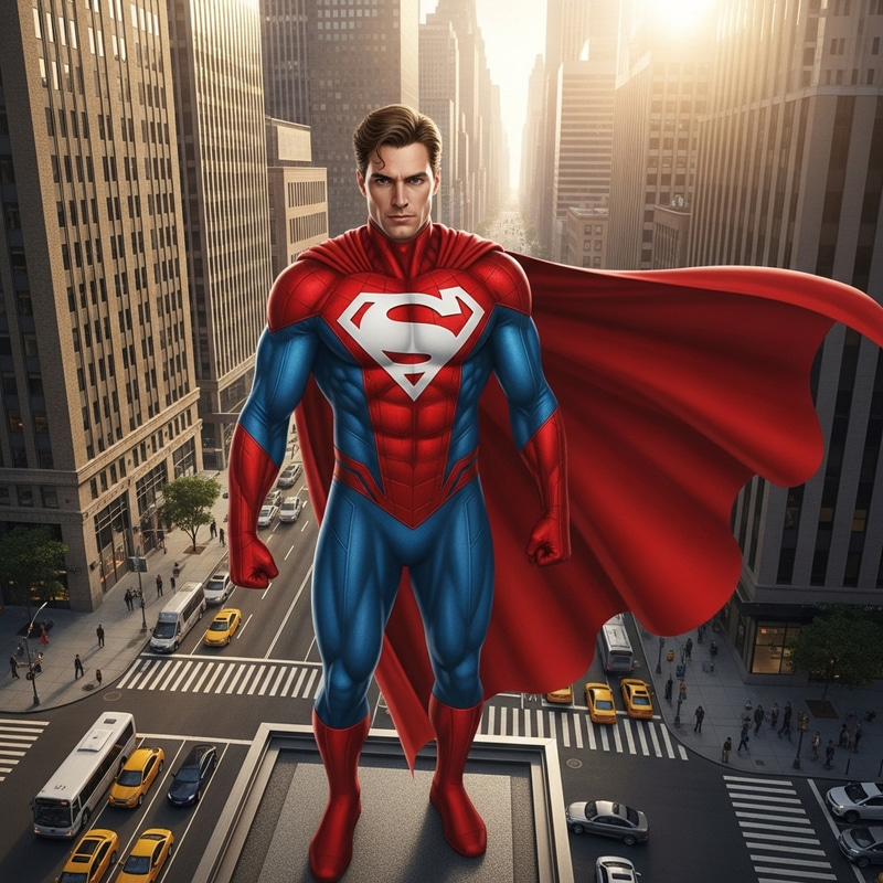 Superhero Overseeing the City at Sunset Superhero Overseeing the City at Sunset