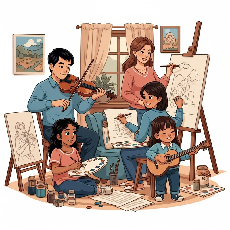 Creative Family Scene: Father Tuning Violin, Mother Painting, Daughters Sketching and Playing Guitar