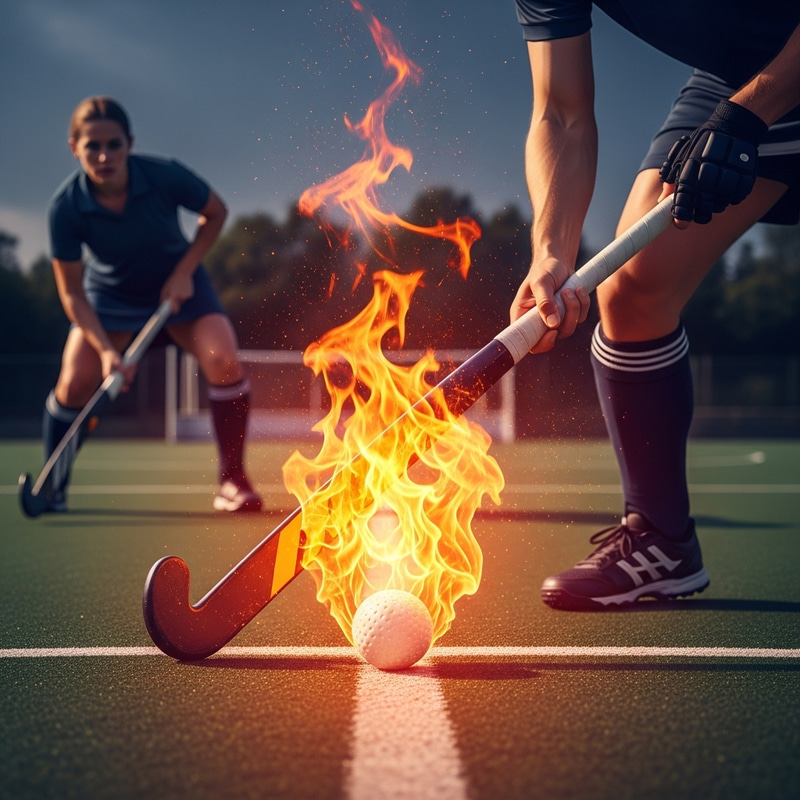 Surreal Field Hockey Image: Ball and Stick Engulfed in Flames