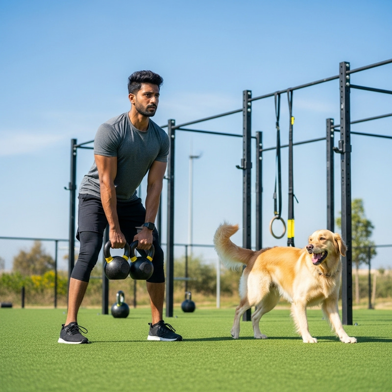 Crossfitter and Dog Outdoor Workout - Sunny Day Exercise Scene Crossfitter and Dog Outdoor Workout - Sunny Day Exercise Scene
