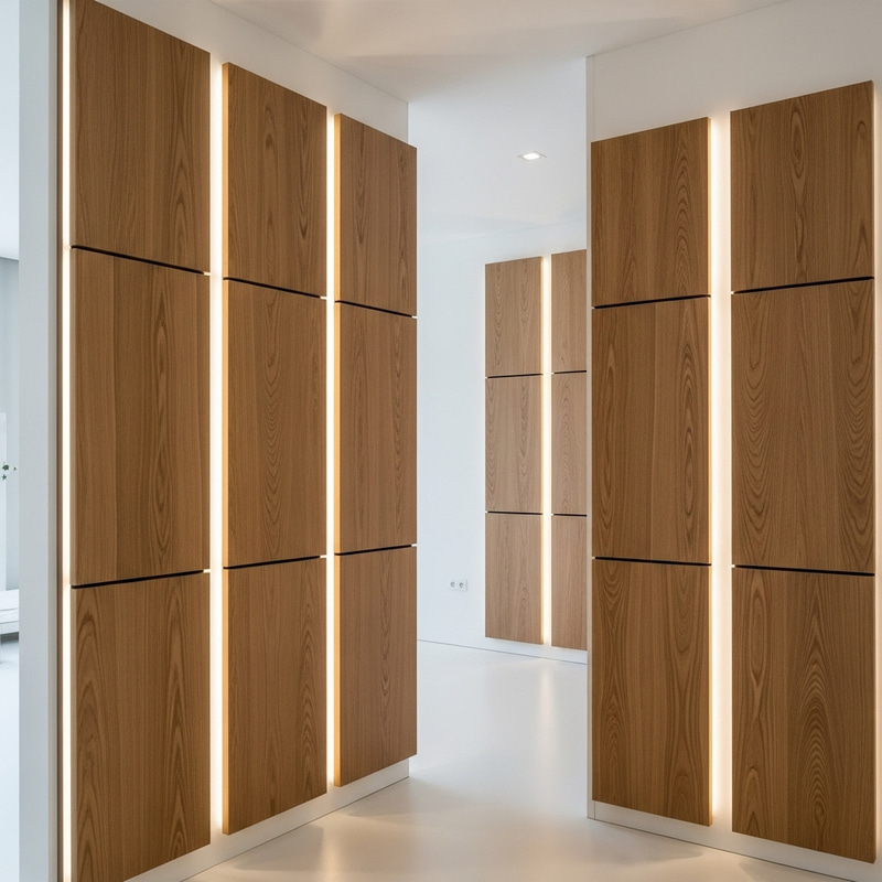 Stylish Oak Wood Veneer 3D Wall Panels with Backlight in Modern White Interior Stylish Oak Wood Veneer 3D Wall Panels with Backlight in Modern White Interior