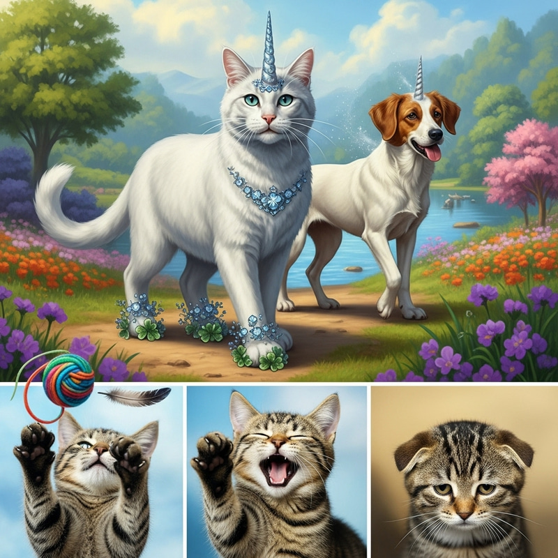 Magical Feline Unicorn and Playful Canine in Mythical Scene Magical Feline Unicorn and Playful Canine in Mythical Scene