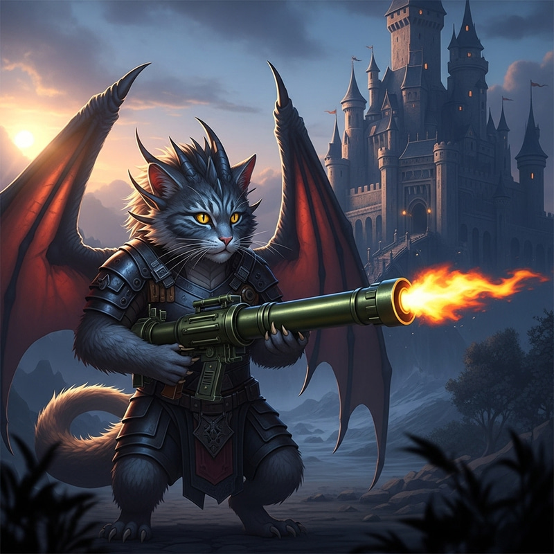 Majestic Dragon-Cat with Bazooka | Mythical Castle Scene Majestic Dragon-Cat with Bazooka | Mythical Castle Scene