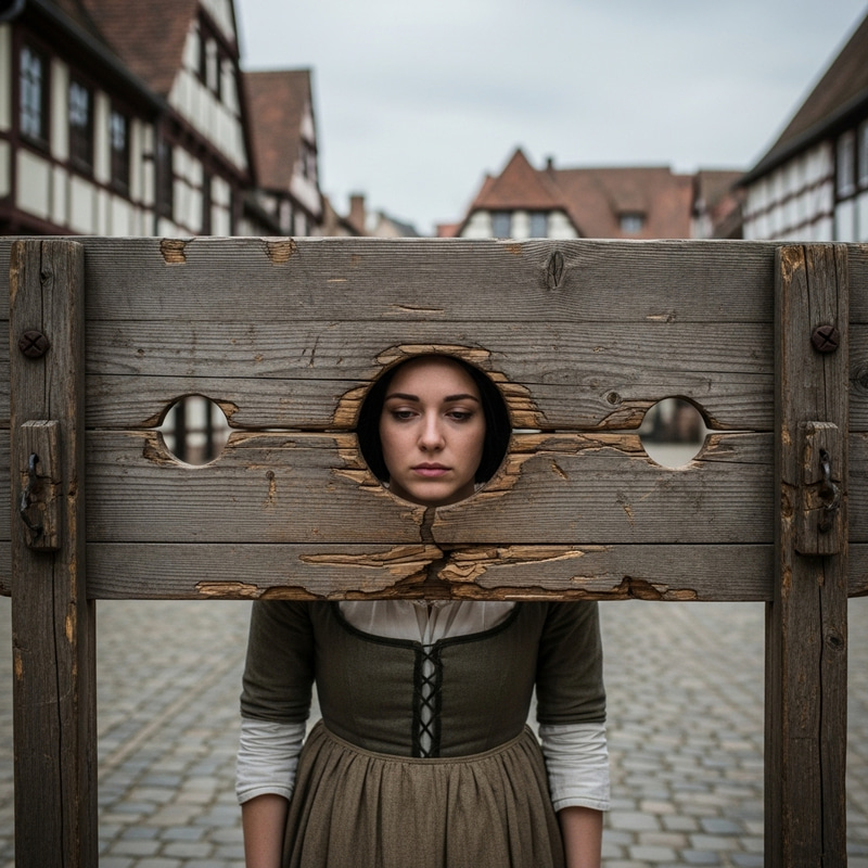 Caucasian Woman in Historical Pillory Scene