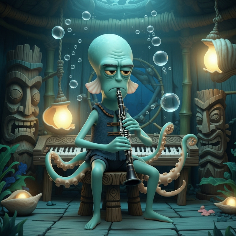 Squidward: Anthropomorphic Teal Cephalopod in Tiki-Style Underwater Home Squidward: Anthropomorphic Teal Cephalopod in Tiki-Style Underwater Home