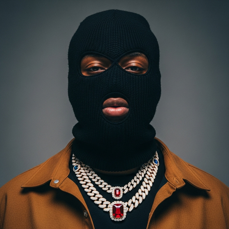 Black Ski Mask Man with Brown Jacket and Red & Blue Jewels Black Ski Mask Man with Brown Jacket and Red & Blue Jewels