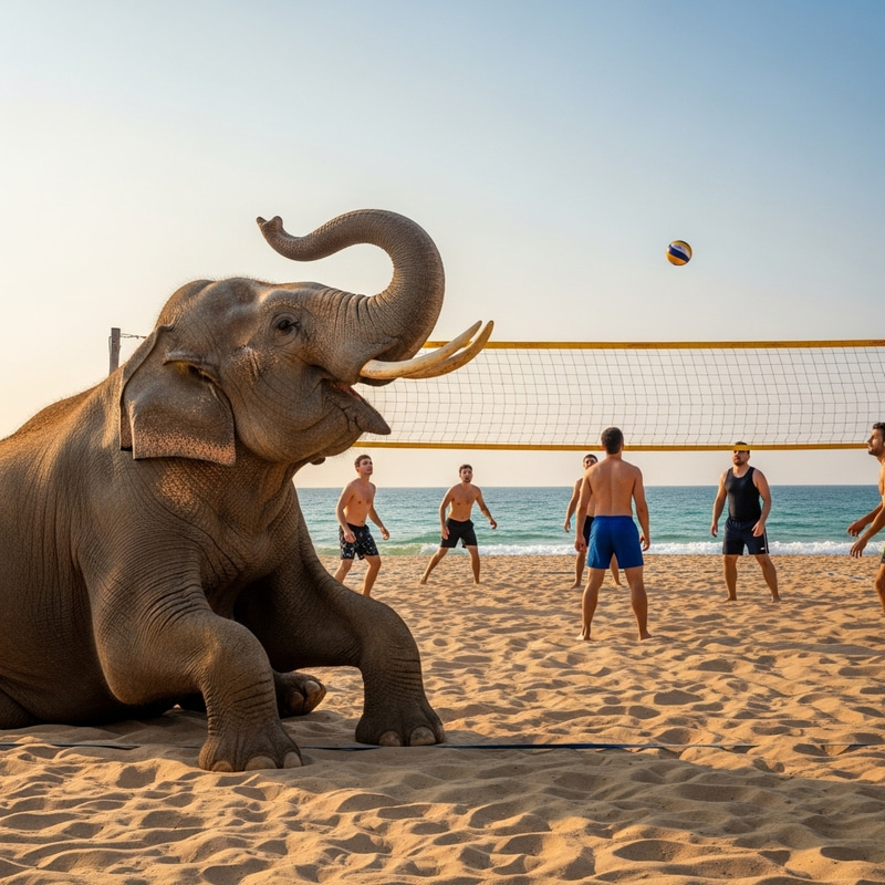 Beach Scene: Elephant Watching Beach Volleyball Sunset Game Beach Scene: Elephant Watching Beach Volleyball Sunset Game