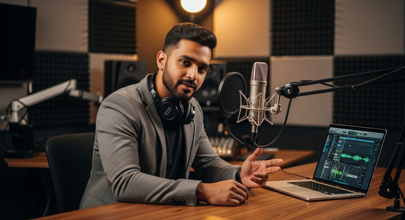 Authentic South Asian Male Podcaster Engaging with Global Audience Authentic South Asian Male Podcaster Engaging with Global Audience