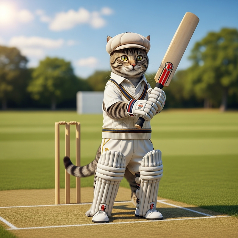 Striped Cat in Cricket Attire Ready to Play | Athletic Feline