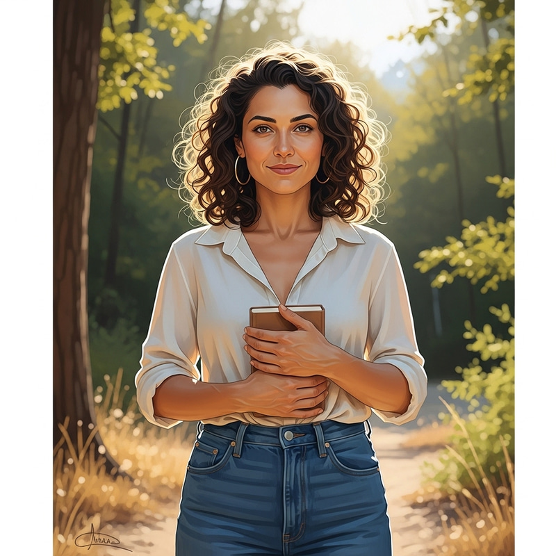 Realistic Portrait of a Confident Woman in Tranquil Natural Setting Realistic Portrait of a Confident Woman in Tranquil Natural Setting