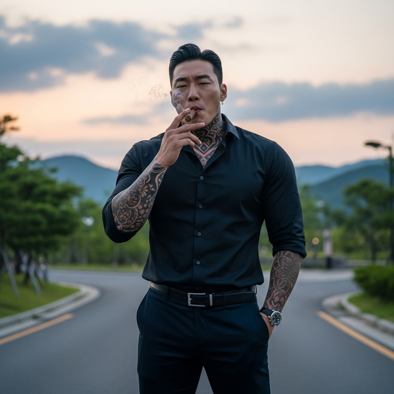 Confident Korean Male Government Official with Tattoos Smoking Confident Korean Male Government Official with Tattoos Smoking