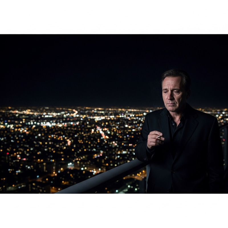 Solitude and Contemplation: Man on Balcony in Dark Cityscape Solitude and Contemplation: Man on Balcony in Dark Cityscape