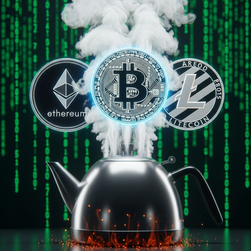 Cryptocurrency and Teapot | Digital Matrix Code Background Cryptocurrency and Teapot | Digital Matrix Code Background