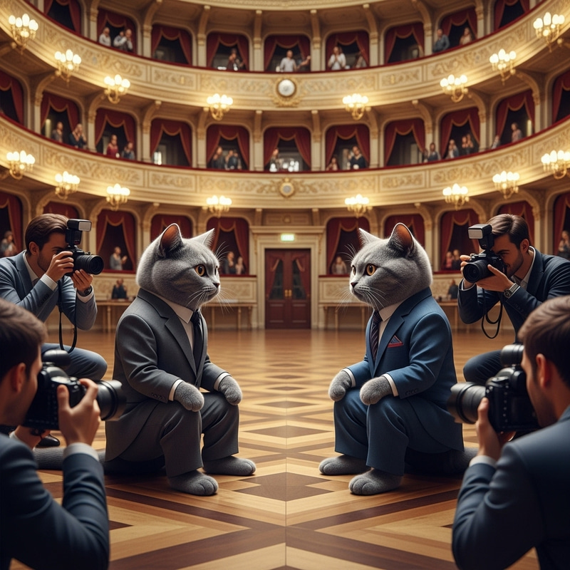 Elegant Grey Cats in Classic Suits at Russian Theater Elegant Grey Cats in Classic Suits at Russian Theater